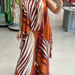 Edina Unique Print High Low Halter Loose Top and Elastic Waist Pocketed Wide Leg Pants Set