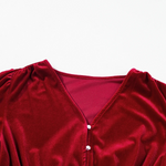 Racing Red Velvet Buttoned Puff Sleeve V Neck Split Midi Dress