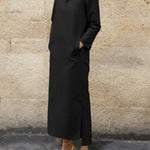 Long Sleeves Loose Solid Color Split-Side Stand Collar Midi Dresses