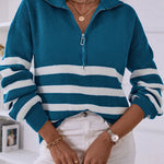 V Neck Collar Ribbed Knitted Stripe Pullover Sweater