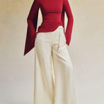 Flared Sleeves Long Sleeves Solid Color Zipper Boat Neck T-Shirts Tops