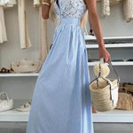 Retro Lace-Trimmed Splicing Striped Print Button-Down Maxi Dress