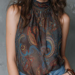 Vintage Pleated Collar Paisley Sleeveless Tank Top
