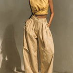 Women's Mustard & Sand Cotton Set With Cropped Tank Top & Wide-Leg Pants, Timeless Boho-Casual Style Set