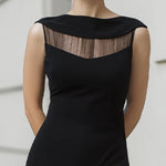 Elegant Sleeveless Mermaid Midi Dress With Sheer Mesh Illumination And Pleated Hem