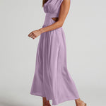 Cap Sleeve Belly-Hollow Pleated Solid Color Stand Collar Maxi Dresses