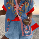 Capricorn Print Loose Buttoned Elastic Waist Shorts Set