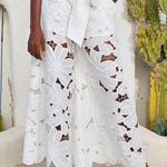 Redefining Elegance Floral Lace Cropped Shirt and Belt Pocketed Wide Leg Pants Set