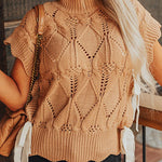 Light French Beige Hollowed Knit Scalloped Trim High Neck Sweater
