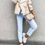 Stylish Leather Lapel Pocket British Style Cropped Jacket
