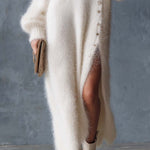 Comfortable Lazy Exquisite V-neck Metal Button White Imitation Rabbit Fur Knitted Side Slit Midi Dress