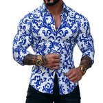 Men's Retro Casual Blue And White Porcelain Print Lapel Long Sleeve Shirt
