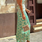 Tie Dye Ombre Gold Floral Print Sexy Strappy Maxi Dress