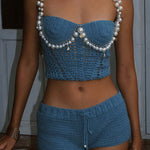 Pia Crochet Knit Drawstring Elastic Waist Stretch Mini Shorts