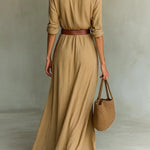 City Sleek Single Breasted Long Sleeve Warp Slit Shirt Maxi Dress