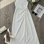 Sleeveless Gauze Pleated Solid Color Split-Joint Round-Neck Evening Dresses Maxi Dresses