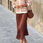 Caramel brown and white striped Chanel style knitted cardigan