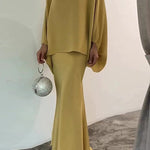 Batwing Sleeves Pearl Solid Color Round-Neck Shirts&Skirts Suits