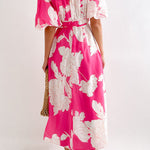 Elegant V-neck slim waist large swing skirt printed dress