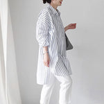 Urban Loose Solid Color Striped Lapel Blouse Top