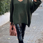 Fashionable Patchwork V-neck Long-sleeved Knitted Sweater