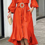 Full-Sleeve V Neck Belt Button Pocket Midi Dress