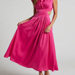 Cap Sleeve Belly-Hollow Pleated Solid Color Stand Collar Maxi Dresses