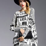 Vintage Loose One-Shoulder Newspaper Printed Split-Joint Sweater