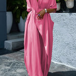 Loose Short Sleeves Asymmetric Pleated Solid Color Split-Joint V-Neck Maxi Dresses Shirt Dress