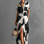 Women's Cotton And Linen Blend Irregular Geometric Print Lapel Single-Breasted Short-Sleeved Maxi Shirt Dress