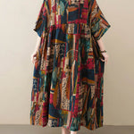 Vintage Loose Abstract Printed Pleated Round-Neck Half Sleeves Midi Dress