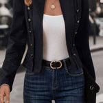 Stand Collar Open Front Button Decor Jacket