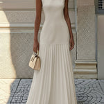 Sleeveless Gauze Pleated Solid Color Split-Joint Boat Neck Evening Dresses Maxi Dresses