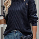 Solid Color Plaid Turtleneck Button Casual Sweatshirt