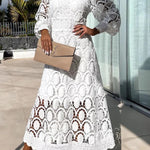 Romantic, Sensual and Elegant Crochet Lace Lantern Sleeve Party Midi Dress
