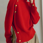 Long Sleeves Loose Beaded Solid Color Split-Side High Neck Sweater Tops