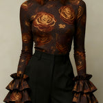 Flared Sleeves Long Sleeves Flower Print High Neck Blouses&Shirts Tops