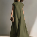 Women's Olive Green Textured Dress With Mock Neck & Sleeveless Silhouette, Timeless Minimalist-Elegant Style Dress