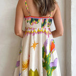 Feel Effortlessly Linen Blend Unique Print Smocked Back Midi Dress