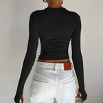 Long Sleeves Skinny Hollow Solid Color Round-Neck T-Shirts Tops