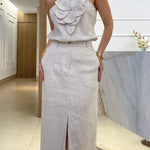 Charming Lady Linen Blend Floral Embellishment Tank and High Rise Pocketed Slit Skirt Set