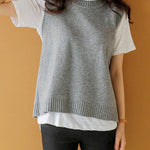 Simple Sleeveless Loose Buttoned Solid Color Round-Neck Sweater Vest Outerwear