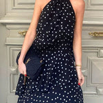 Cabana Date Polka Dot Print Halter Bow Neck Tiered Maxi Dress