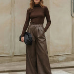 High Waisted Leather-Like Wide Leg Pants