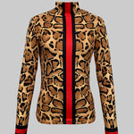 Long Sleeves Skinny Contrast Color Leopard High Neck T-Shirts Tops