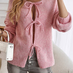 Solid Color Casual Loose Lace-up Knitted Sweater