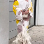 Unique Printed Balloon Sleeve Loose Top and Fringed Hem Skirt Set