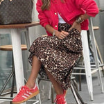 Coffee Time Leopard Print Elastic Waist Loose Midi Skirt