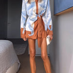 Lake Days Satin Colorblock Unique Print Tie-up Shirt Mini Dress