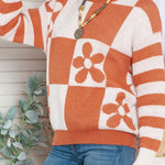 Checkered and Striped Knitted Pullover Sweater